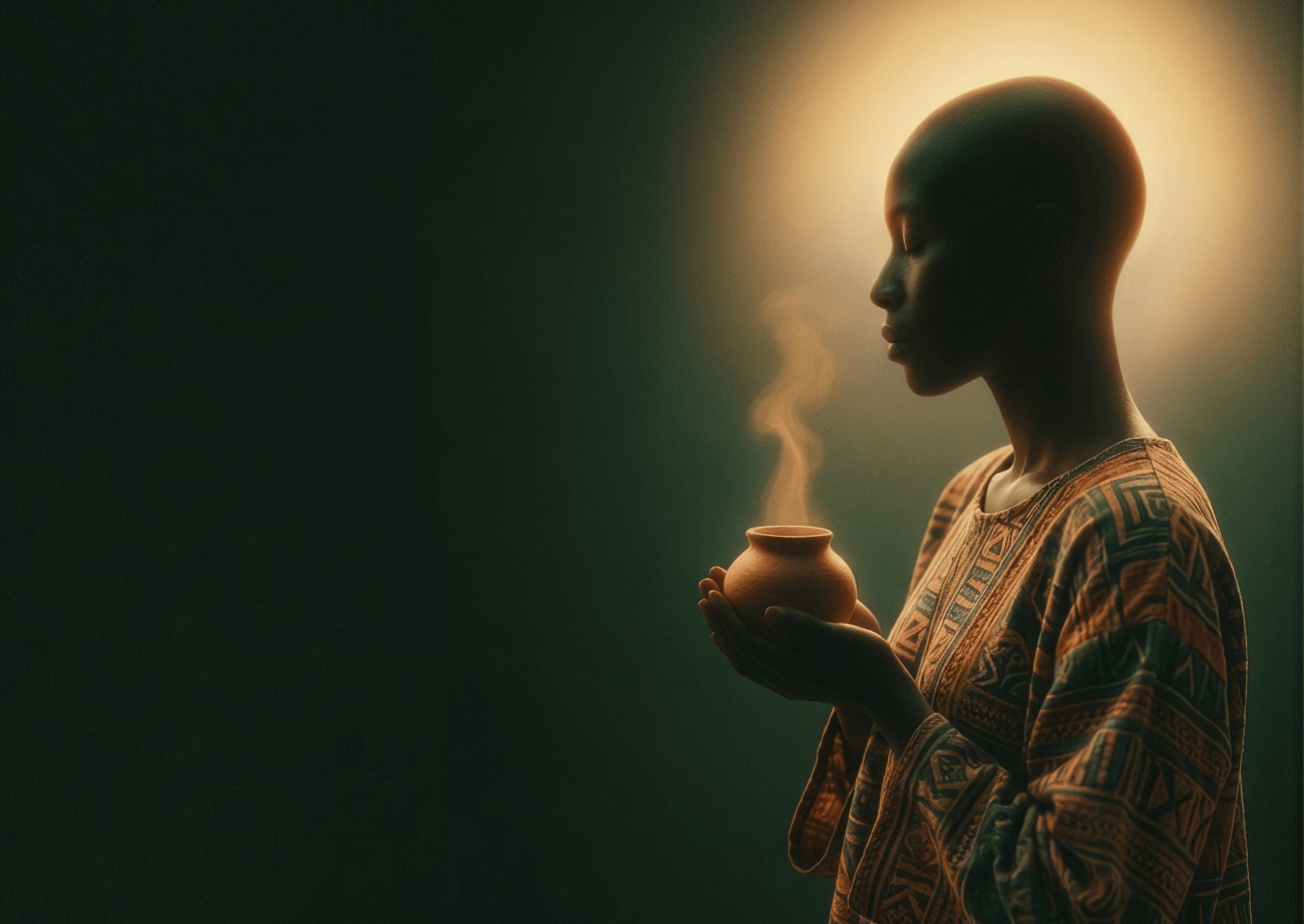 A person with eyes closed holding a steaming clay pot in warm light