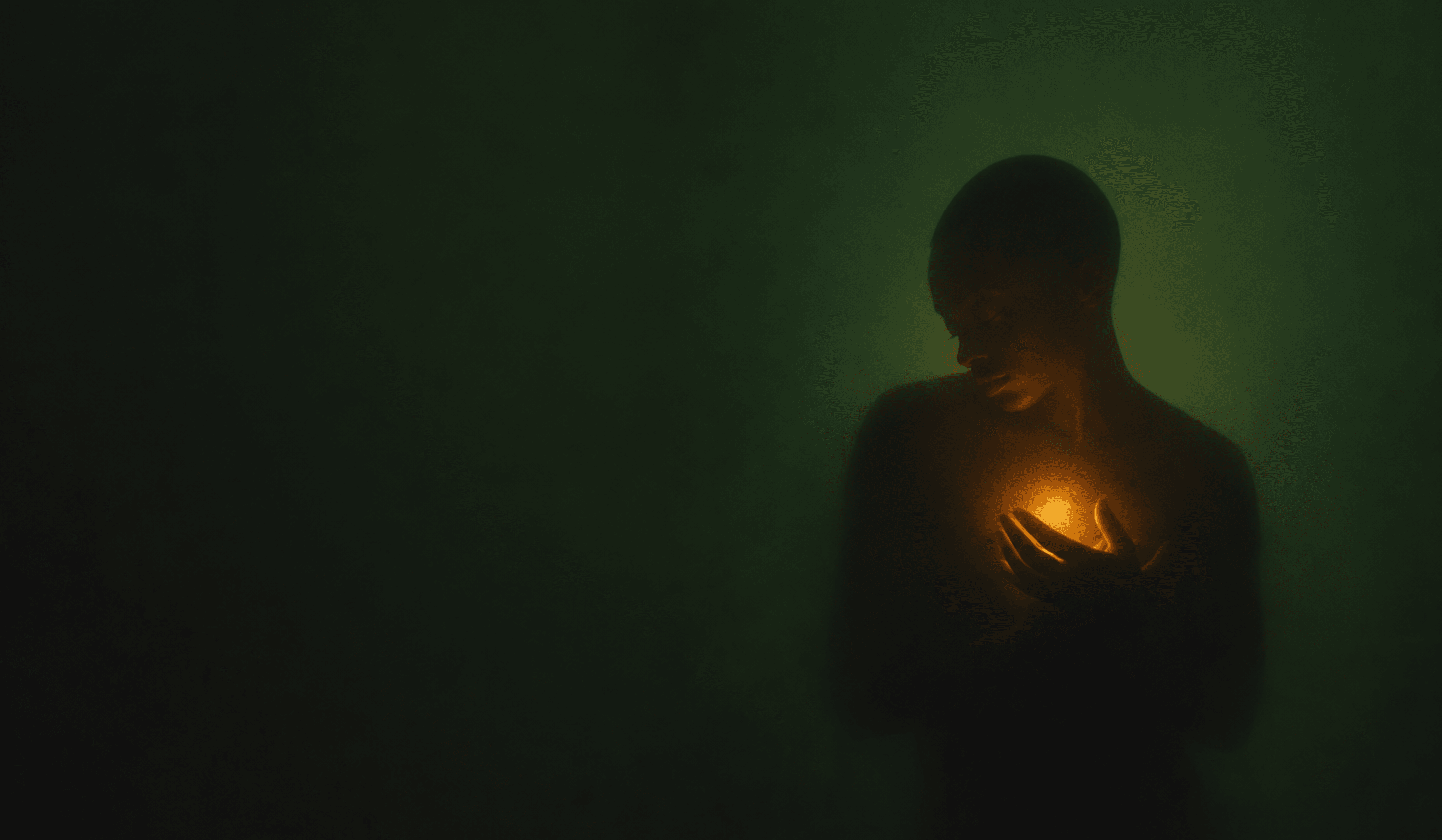 A person in shadow holding a small warm light to their chest