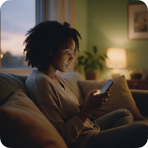 A woman on a sofa at dusk, speaking into her phone