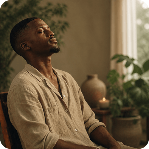 A man sitting back with his eyes closed, breathing slowly
