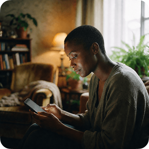 A woman looking at her phone in a warmly lit room